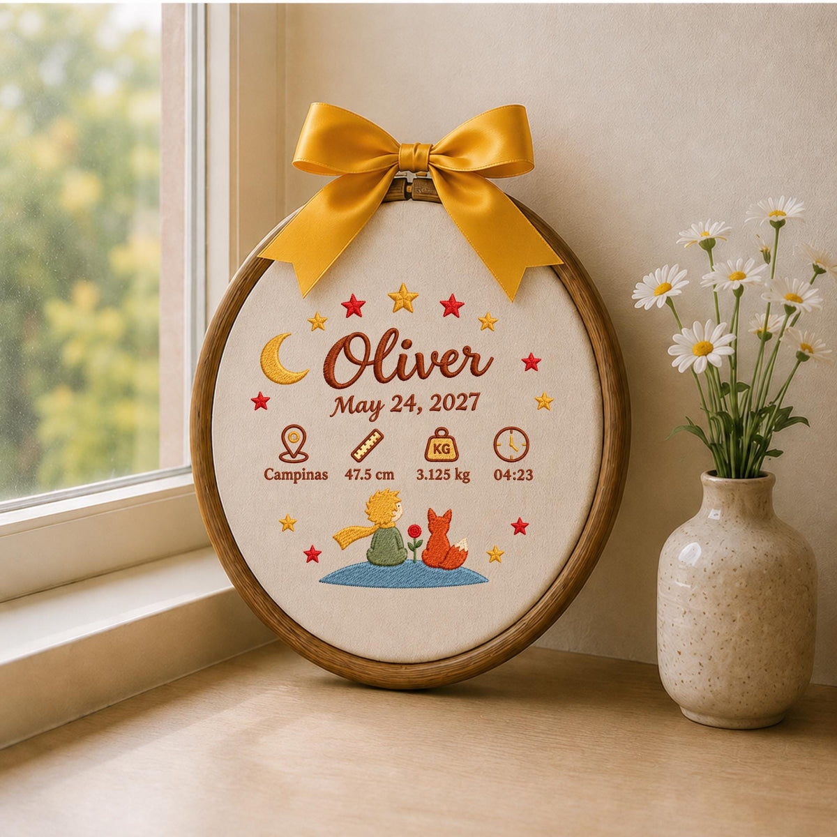 Personalized Baby Birth Stats Embroidered Ornament, Little Prince Baby Name Hoop, Newborn Announcement, Nursery Wall Decor, Baby Shower Gift