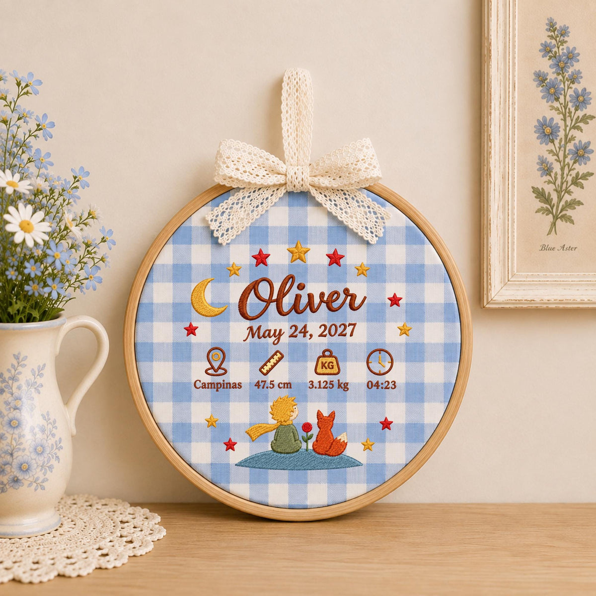 Personalized Baby Birth Stats Embroidered Ornament, Little Prince Baby Name Hoop, Newborn Announcement, Nursery Wall Decor, Baby Shower Gift