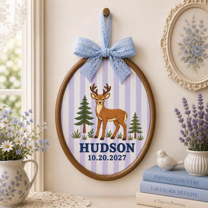 Personalized Deer Embroidered Ornament, Woodland Baby Name Sign, Forest Nursery Decor, Custom Baby Boy Keepsake, Deer Baby Shower Gift