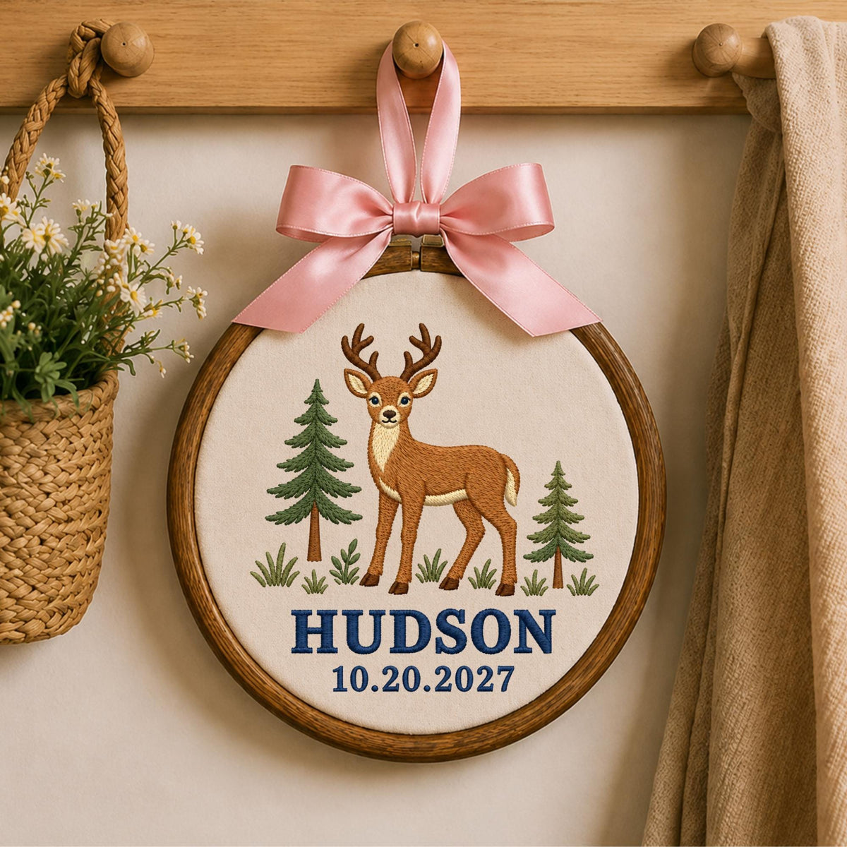 Personalized Deer Embroidered Ornament, Woodland Baby Name Sign, Forest Nursery Decor, Custom Baby Boy Keepsake, Deer Baby Shower Gift