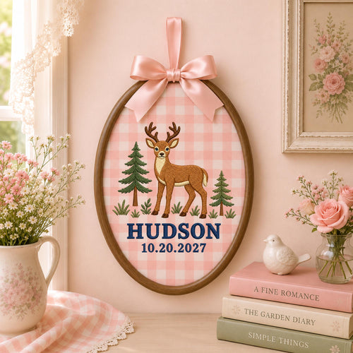 Personalized Deer Embroidered Ornament, Woodland Baby Name Sign, Forest Nursery Decor, Custom Baby Boy Keepsake, Deer Baby Shower Gift