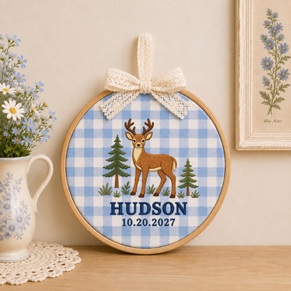 Personalized Deer Embroidered Ornament, Woodland Baby Name Sign, Forest Nursery Decor, Custom Baby Boy Keepsake, Deer Baby Shower Gift