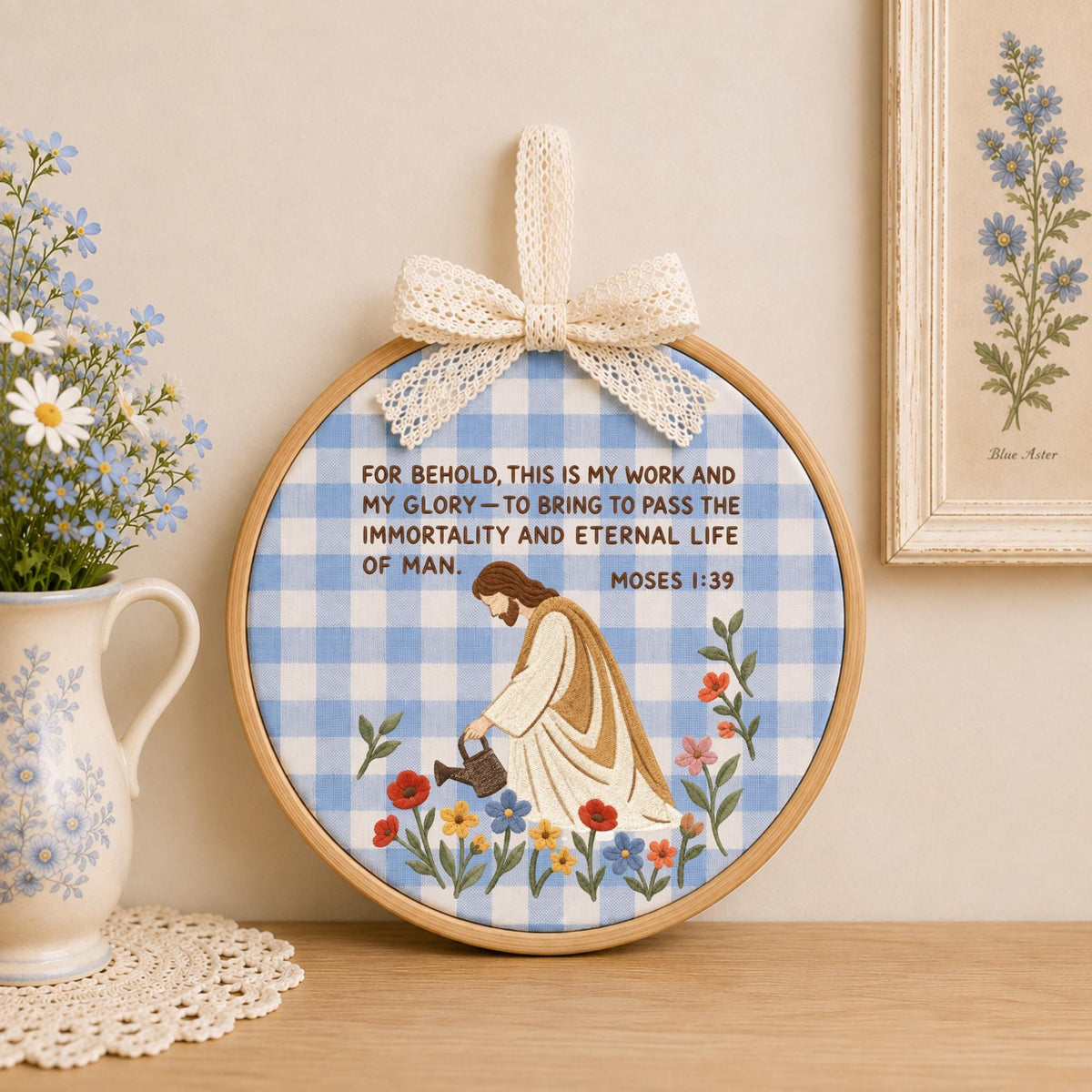 Personalized Christian Embroidered Ornament, Moses 1:39 Scripture Wall Decor, Jesus Floral Bible Verse Gift, Religious Keepsake