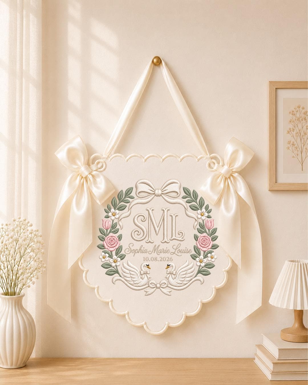 Personalized Swan Monogram Embroidered Baby Name Banner, Custom Floral Initial Nursery Sign, Bow Wall Hanging, Newborn Baby Shower Gift