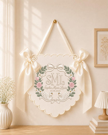 Personalized Swan Monogram Embroidered Baby Name Banner, Custom Floral Initial Nursery Sign, Bow Wall Hanging, Newborn Baby Shower Gift