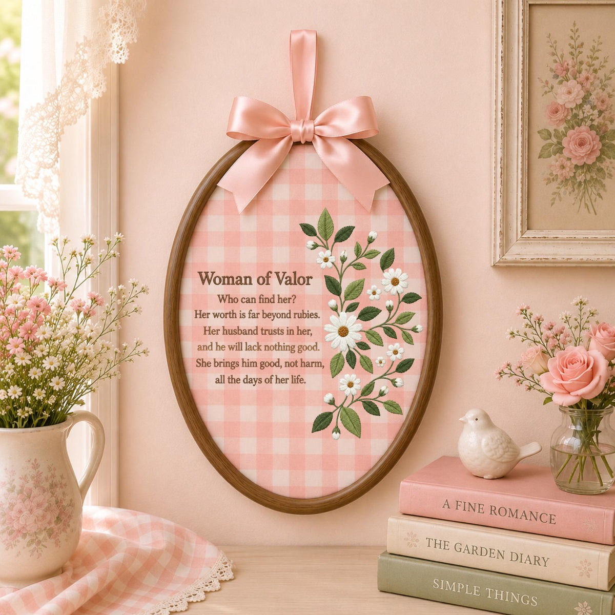 Personalized Woman of Valor Embroidered Ornament, Proverbs 31 Christian Wall Decor, Floral Bible Verse Gift for Women, Faith Keepsake