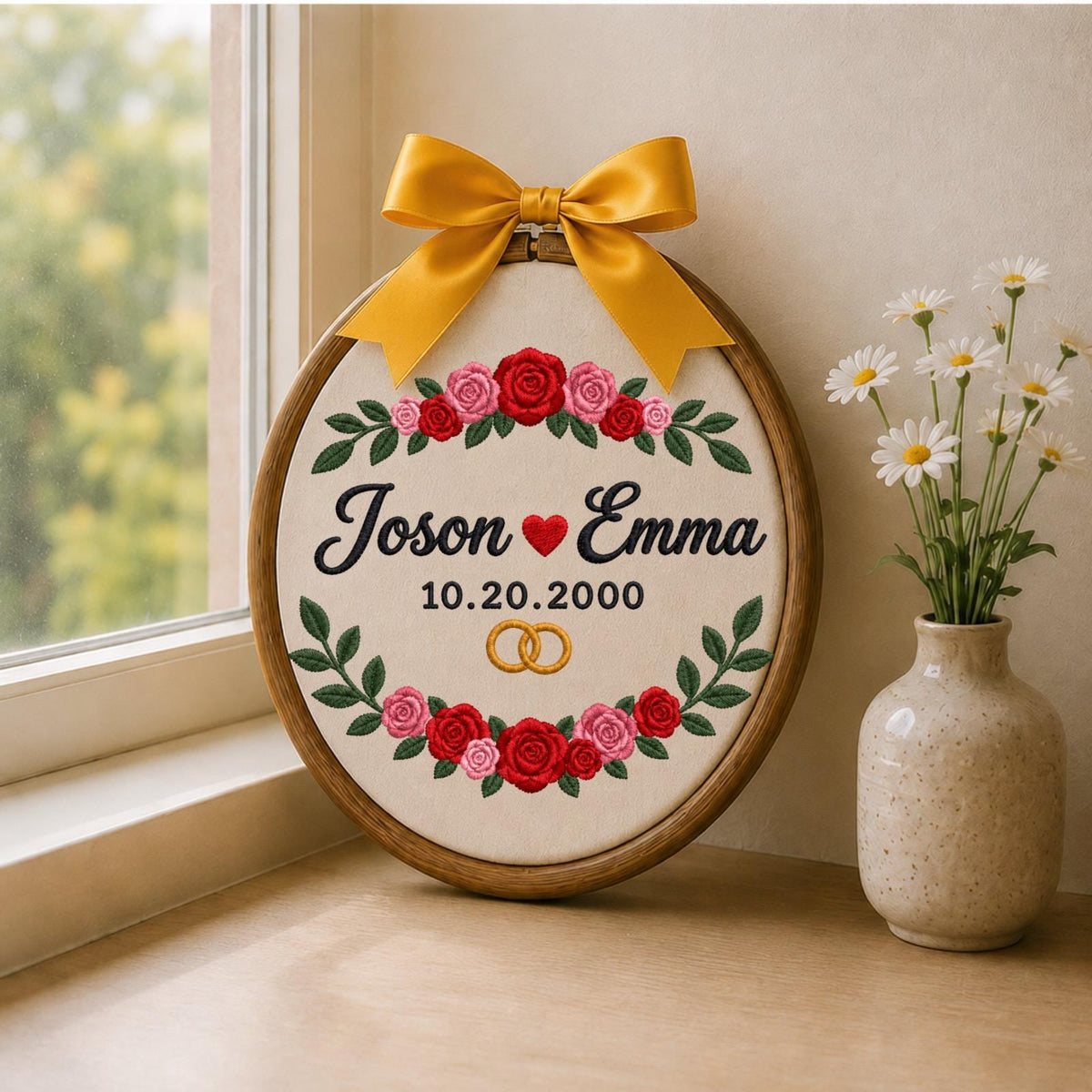 Personalized Wedding Embroidered Ornament, Custom Couple Names Anniversary Keepsake, Floral Wedding Date Gift, Engagement Bridal Shower