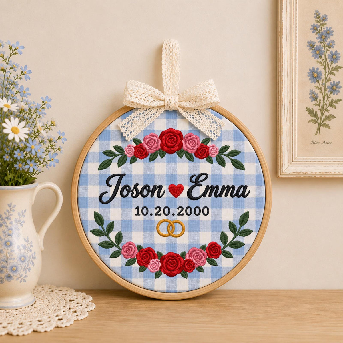 Personalized Wedding Embroidered Ornament, Custom Couple Names Anniversary Keepsake, Floral Wedding Date Gift, Engagement Bridal Shower