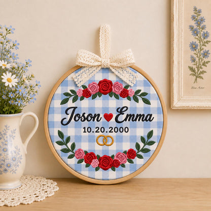 Personalized Wedding Embroidered Ornament, Custom Couple Names Anniversary Keepsake, Floral Wedding Date Gift, Engagement Bridal Shower