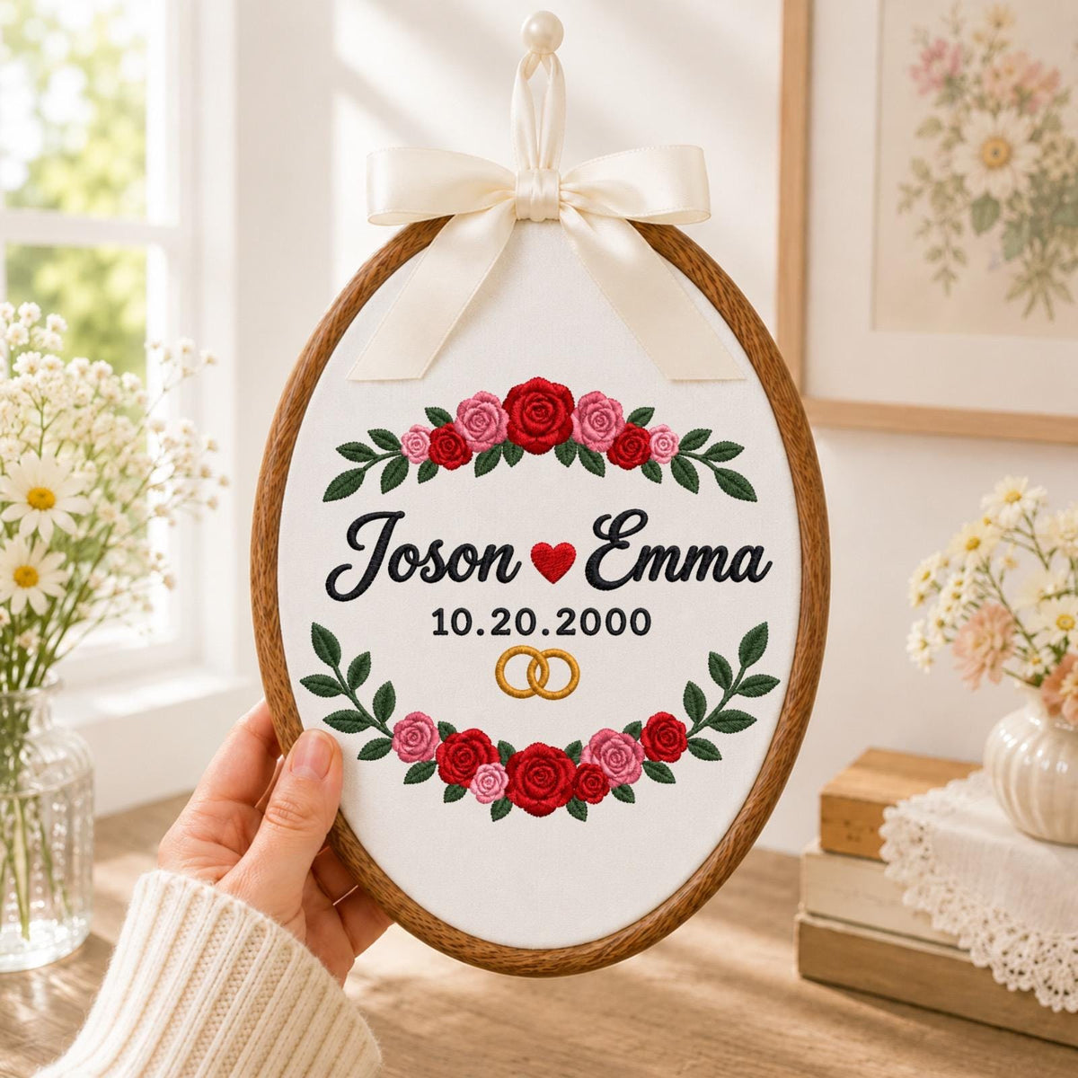Personalized Wedding Embroidered Ornament, Custom Couple Names Anniversary Keepsake, Floral Wedding Date Gift, Engagement Bridal Shower
