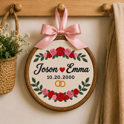 Personalized Wedding Embroidered Ornament, Custom Couple Names Anniversary Keepsake, Floral Wedding Date Gift, Engagement Bridal Shower