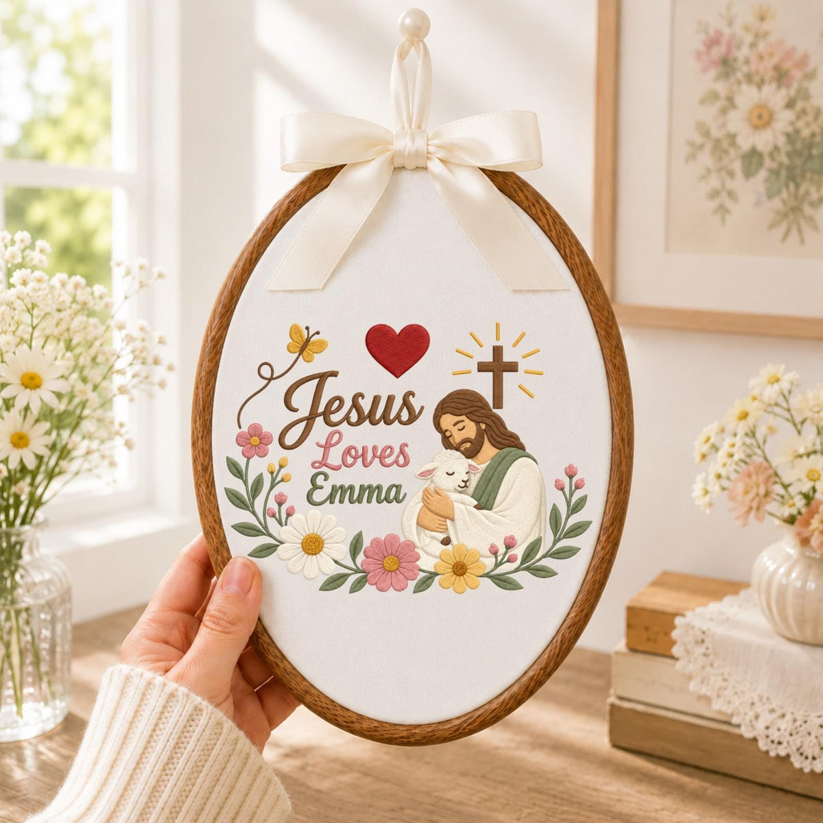 Personalized Jesus Loves Me Embroidered Ornament, Custom Christian Name Gift, Jesus and Lamb Floral Wall Decor, Baptism Faith Keepsake