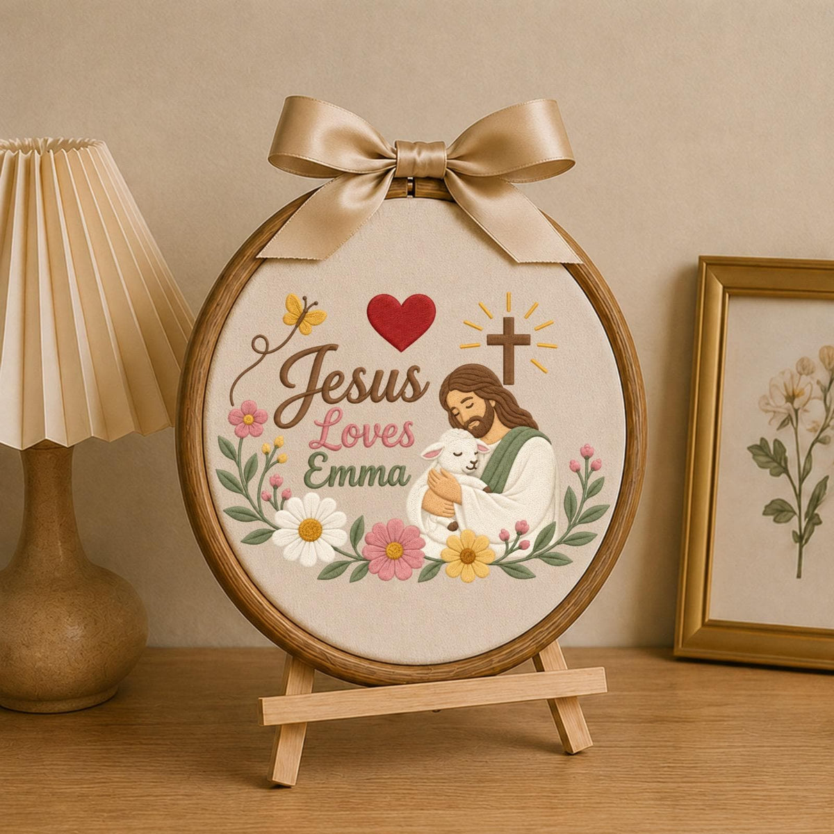 Personalized Jesus Loves Me Embroidered Ornament, Custom Christian Name Gift, Jesus and Lamb Floral Wall Decor, Baptism Faith Keepsake