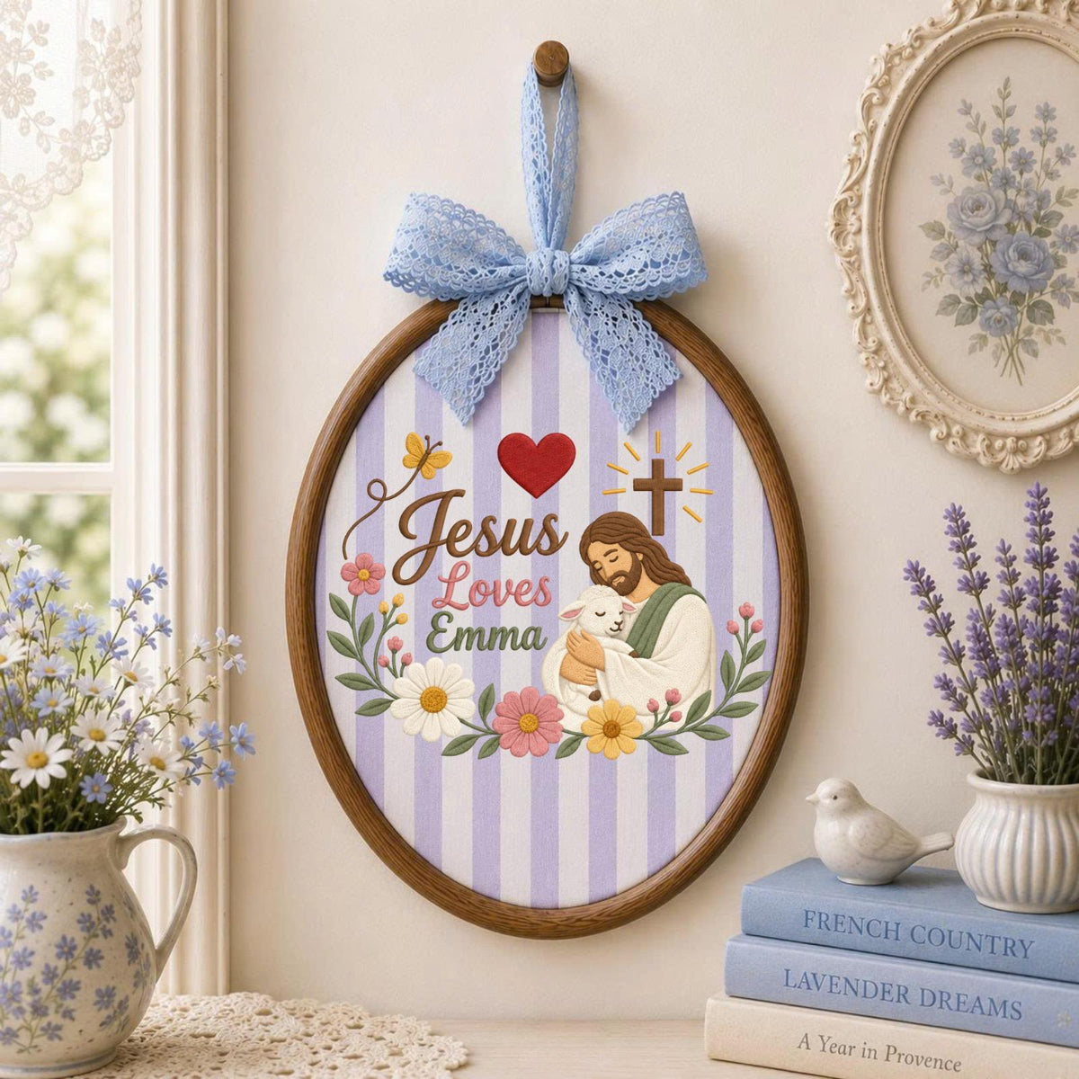 Personalized Jesus Loves Me Embroidered Ornament, Custom Christian Name Gift, Jesus and Lamb Floral Wall Decor, Baptism Faith Keepsake