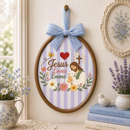 Personalized Jesus Loves Me Embroidered Ornament, Custom Christian Name Gift, Jesus and Lamb Floral Wall Decor, Baptism Faith Keepsake
