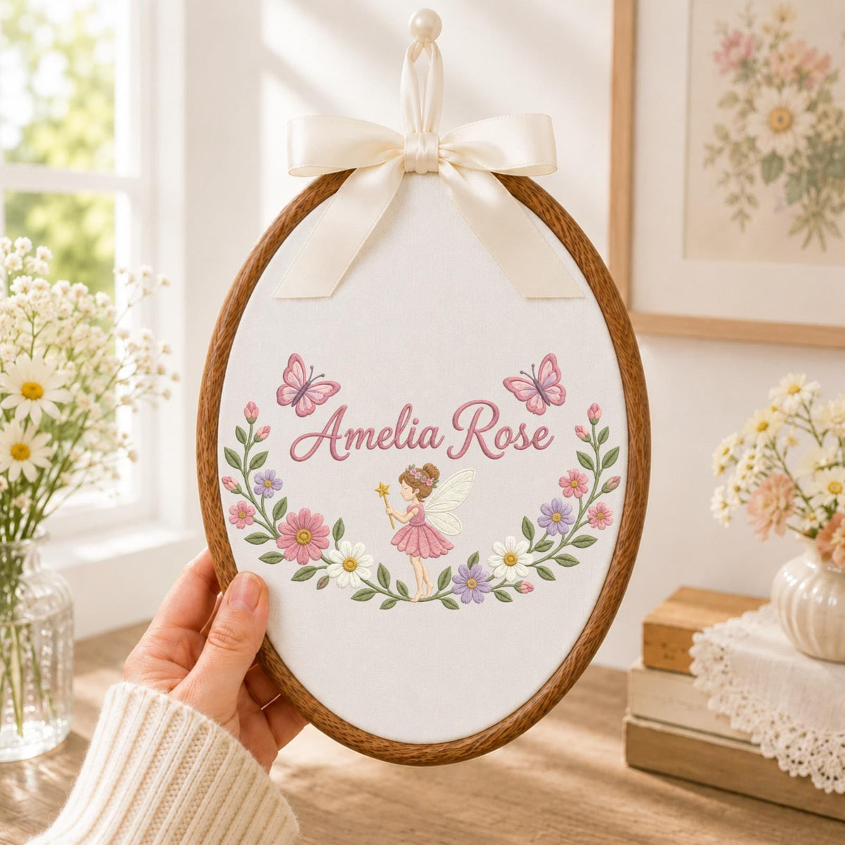 Personalized Fairy Embroidered Ornament, Custom Girl Name Floral Wall Decor, Butterfly Fairy Nursery Sign, Baby Girl Gift, Woodland Keepsake