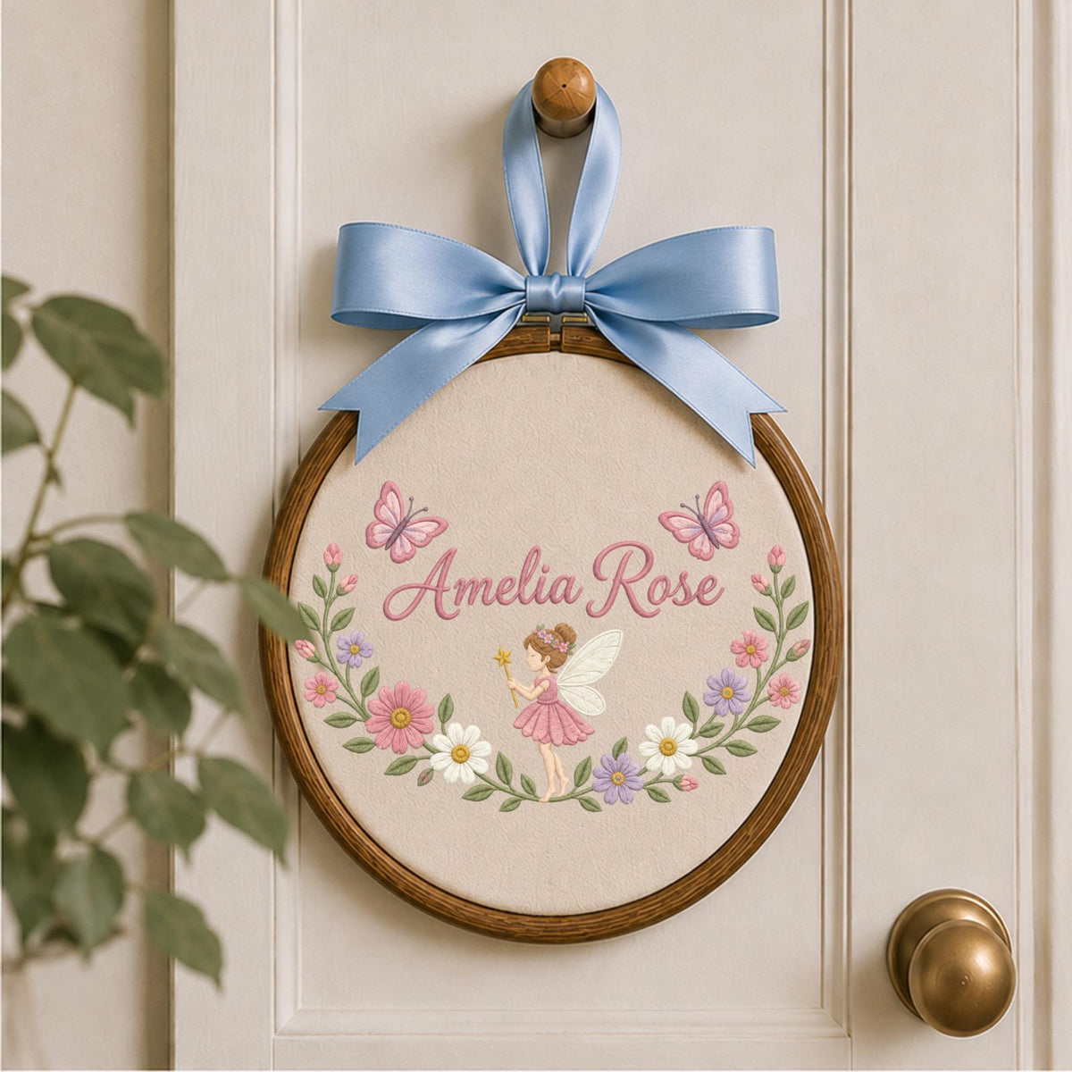 Personalized Fairy Embroidered Ornament, Custom Girl Name Floral Wall Decor, Butterfly Fairy Nursery Sign, Baby Girl Gift, Woodland Keepsake
