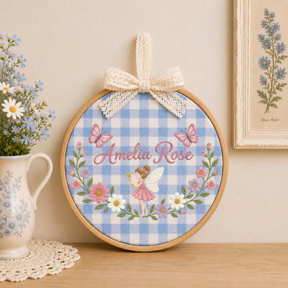 Personalized Fairy Embroidered Ornament, Custom Girl Name Floral Wall Decor, Butterfly Fairy Nursery Sign, Baby Girl Gift, Woodland Keepsake