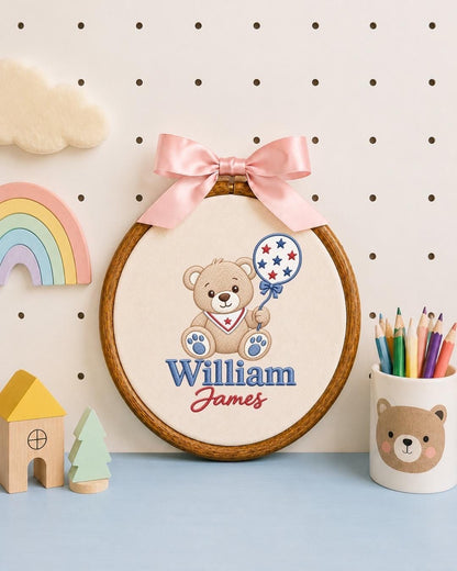 Personalized Teddy Bear Embroidered Ornament, Custom Baby Boy Name Ornament, Patriotic Bear Nursery Decor, Baby Shower Gift