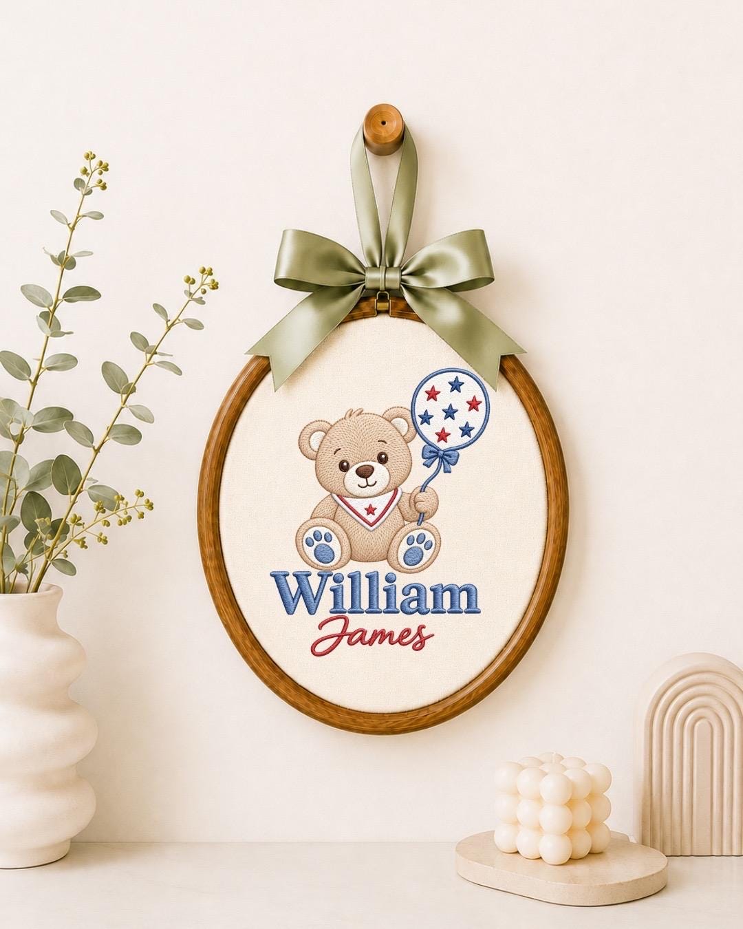 Personalized Teddy Bear Embroidered Ornament, Custom Baby Boy Name Ornament, Patriotic Bear Nursery Decor, Baby Shower Gift