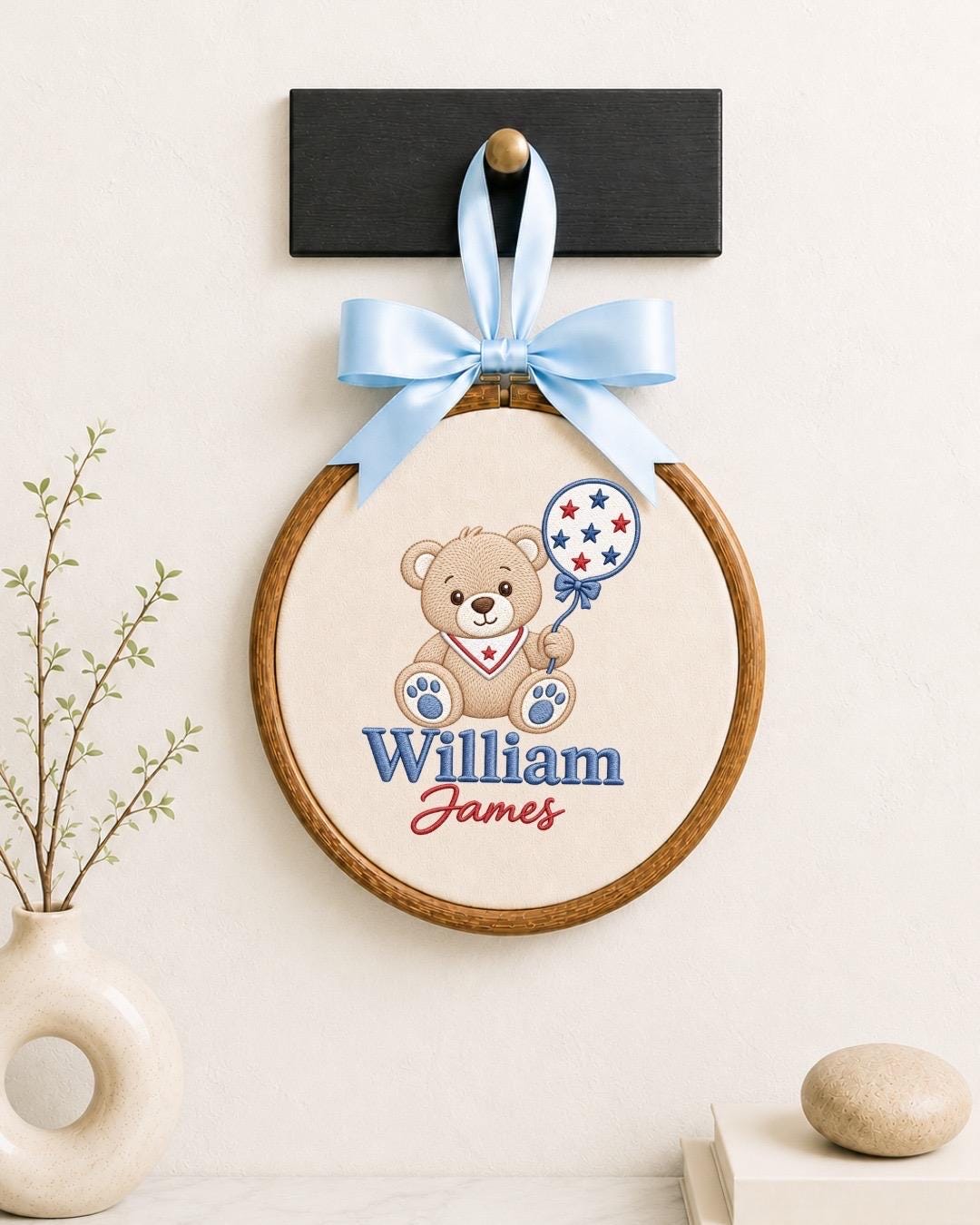 Personalized Teddy Bear Embroidered Ornament, Custom Baby Boy Name Ornament, Patriotic Bear Nursery Decor, Baby Shower Gift