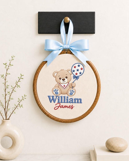 Personalized Teddy Bear Embroidered Ornament, Custom Baby Boy Name Ornament, Patriotic Bear Nursery Decor, Baby Shower Gift