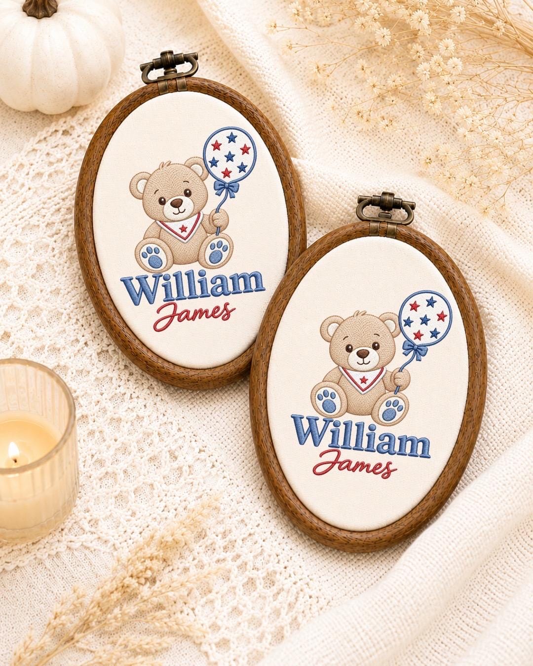 Personalized Teddy Bear Embroidered Ornament, Custom Baby Boy Name Ornament, Patriotic Bear Nursery Decor, Baby Shower Gift
