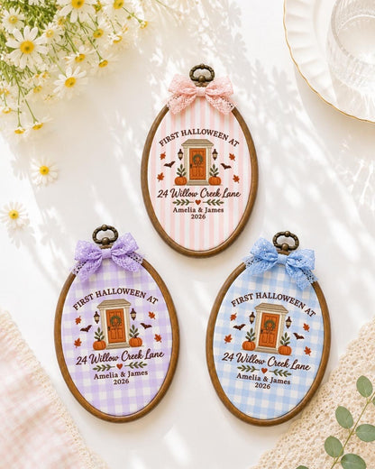 Personalized First Halloween Embroidered Ornament, Custom New Home Address Ornament, Couple Housewarming Gift, First Halloween Home Decor