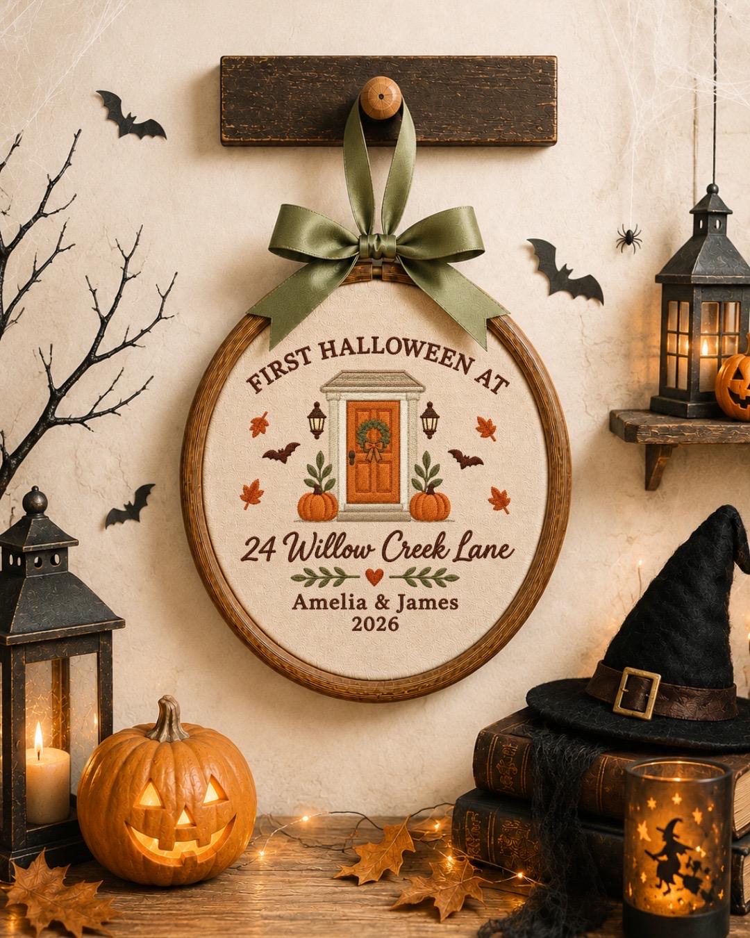 Personalized First Halloween Embroidered Ornament, Custom New Home Address Ornament, Couple Housewarming Gift, First Halloween Home Decor