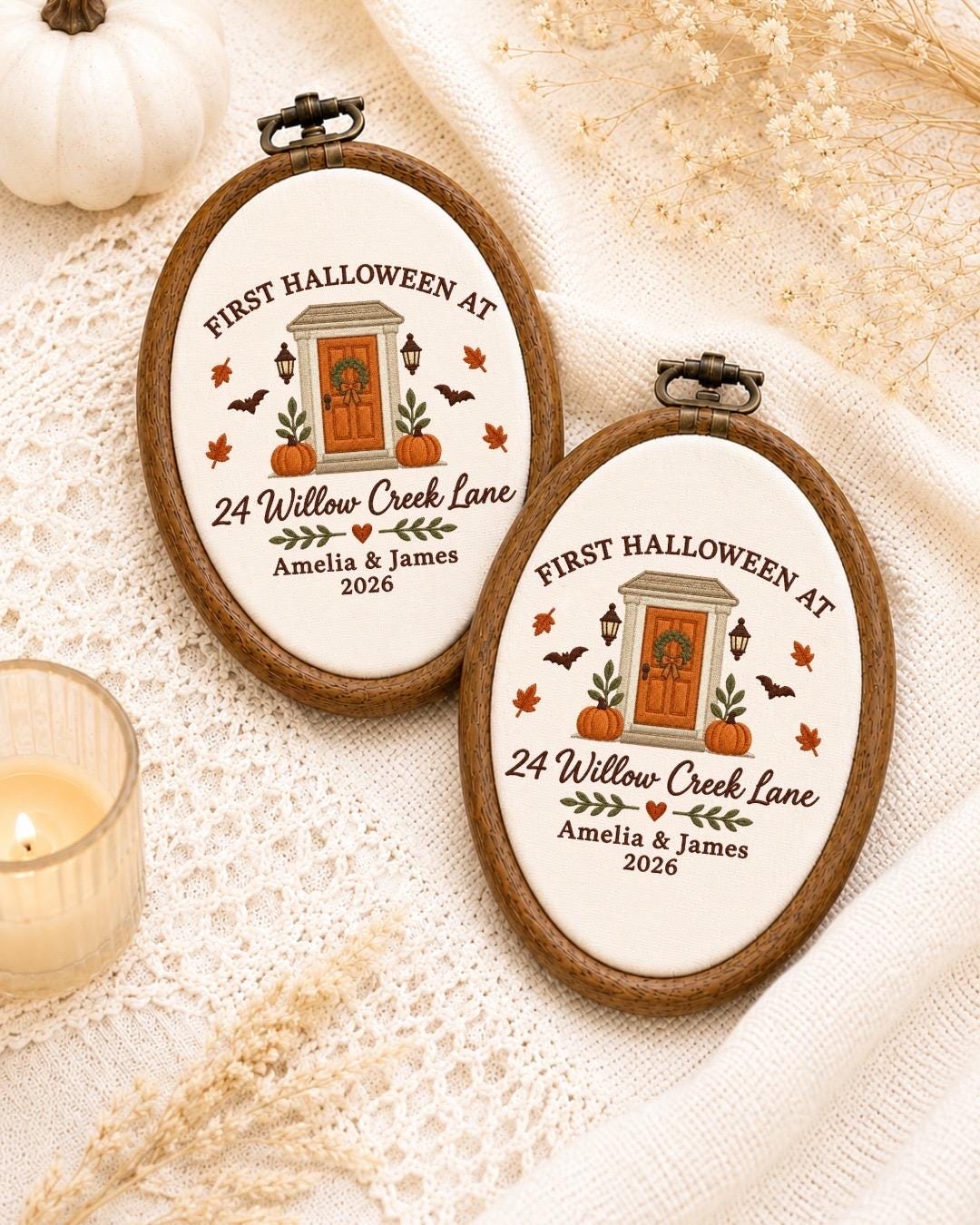 Personalized First Halloween Embroidered Ornament, Custom New Home Address Ornament, Couple Housewarming Gift, First Halloween Home Decor