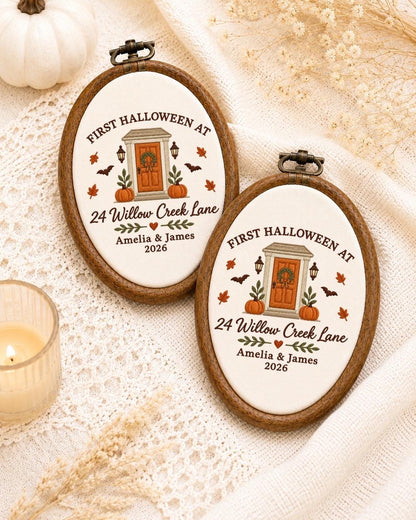 Personalized First Halloween Embroidered Ornament, Custom New Home Address Ornament, Couple Housewarming Gift, First Halloween Home Decor