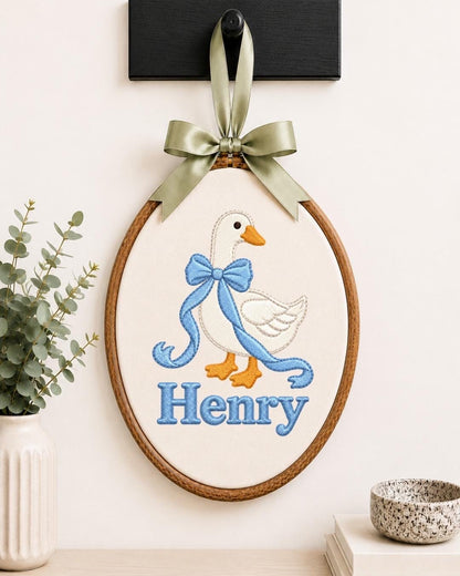 Personalized Goose Embroidered Ornament, Custom Baby Boy Name Ornament, Blue Bow Nursery Decor, Newborn Baby Shower Gift
