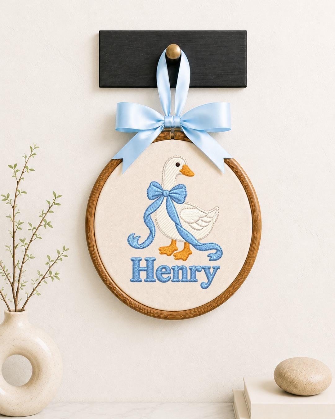 Personalized Goose Embroidered Ornament, Custom Baby Boy Name Ornament, Blue Bow Nursery Decor, Newborn Baby Shower Gift
