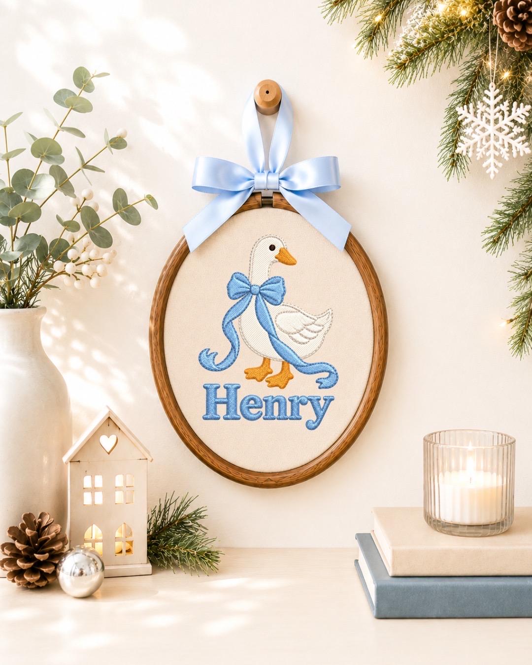 Personalized Goose Embroidered Ornament, Custom Baby Boy Name Ornament, Blue Bow Nursery Decor, Newborn Baby Shower Gift