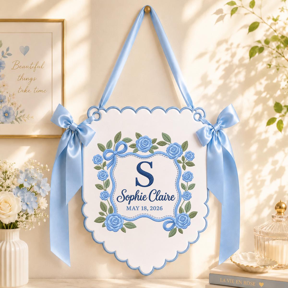Personalized Baby Name Banner Sophie Claire Floral Rose Nursery Wall Decor Scalloped Bow Hanging Birth Announcement Shower Keepsake Gift