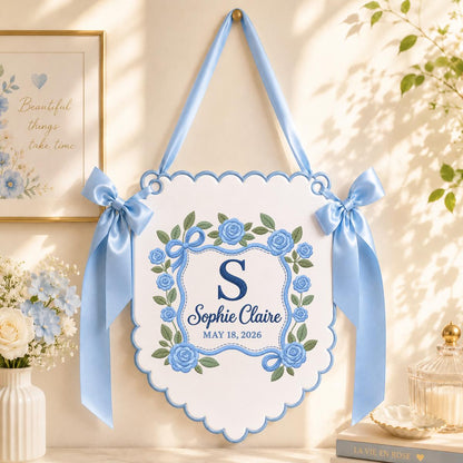 Personalized Baby Name Banner Sophie Claire Floral Rose Nursery Wall Decor Scalloped Bow Hanging Birth Announcement Shower Keepsake Gift