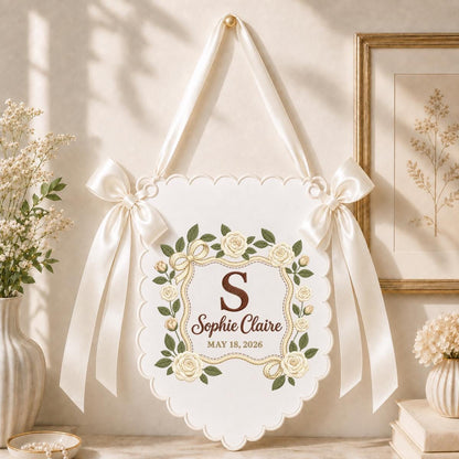 Personalized Baby Name Banner Sophie Claire Floral Rose Nursery Wall Decor Scalloped Bow Hanging Birth Announcement Shower Keepsake Gift