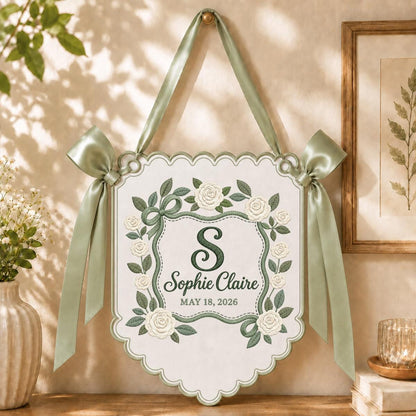 Personalized Baby Name Banner Sophie Claire Floral Rose Nursery Wall Decor Scalloped Bow Hanging Birth Announcement Shower Keepsake Gift
