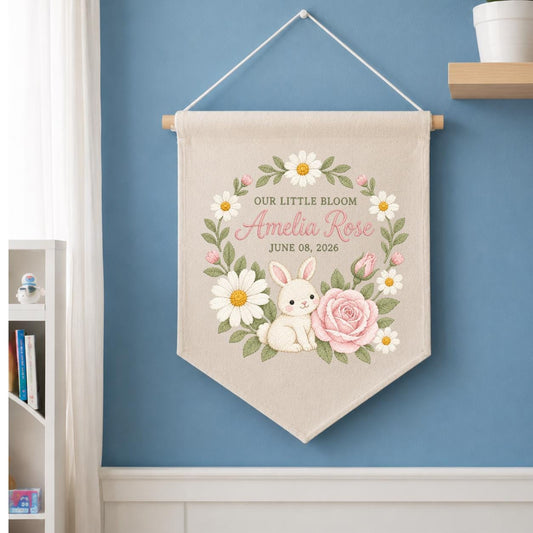 Personalized Baby Name Banner Amelia Rose Floral Bunny Nursery Wall Decor Scalloped Pennant Birth Announcement Baby Shower Keepsake Gift