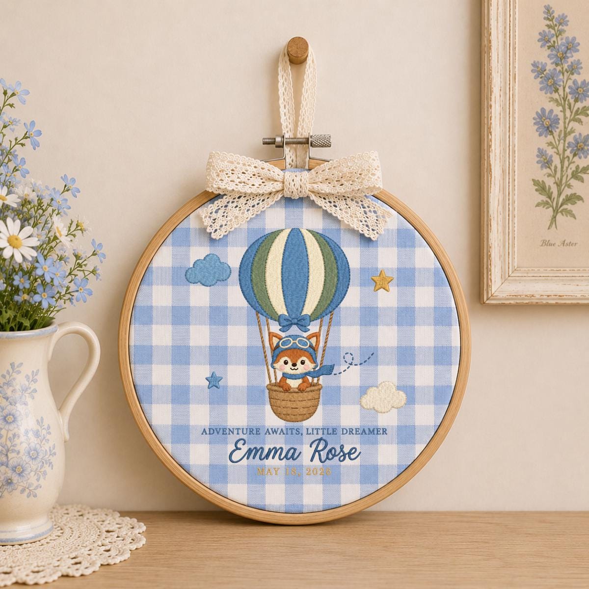 Personalized Baby Name Hoop Emma Rose Hot Air Balloon Nursery Wall Decor Adventure Bear Birth Announcement Embroidered Baby Shower Keepsake
