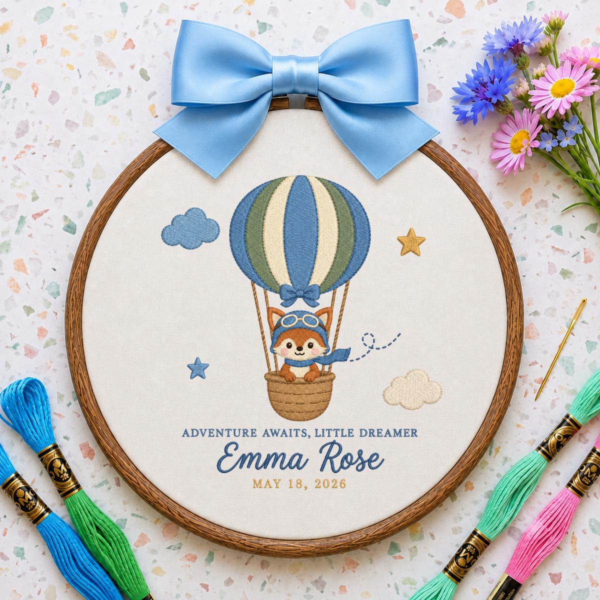 Personalized Baby Name Hoop Emma Rose Hot Air Balloon Nursery Wall Decor Adventure Bear Birth Announcement Embroidered Baby Shower Keepsake