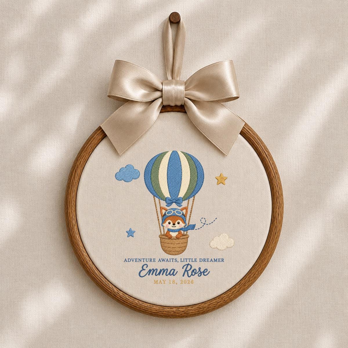 Personalized Baby Name Hoop Emma Rose Hot Air Balloon Nursery Wall Decor Adventure Bear Birth Announcement Embroidered Baby Shower Keepsake