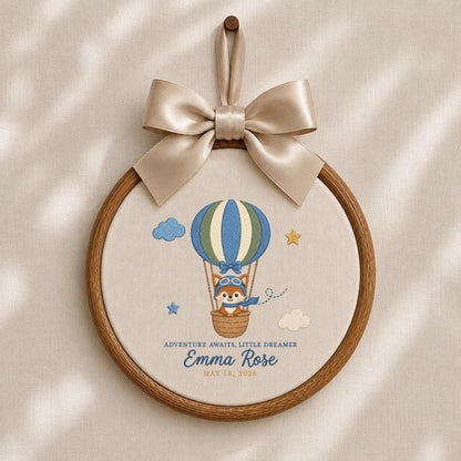 Personalized Baby Name Hoop Emma Rose Hot Air Balloon Nursery Wall Decor Adventure Bear Birth Announcement Embroidered Baby Shower Keepsake