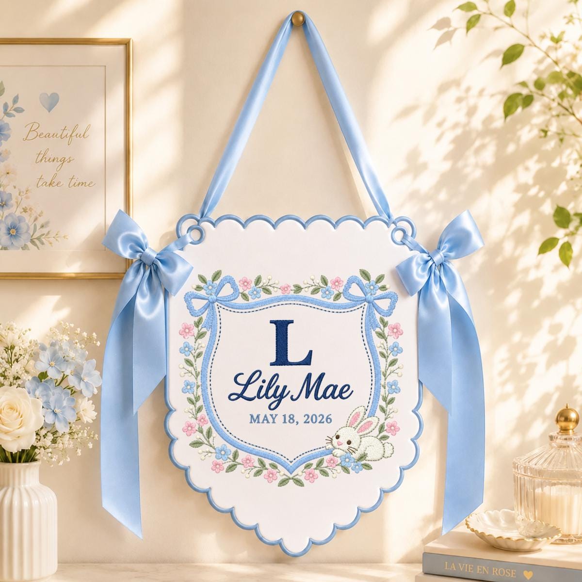 Personalized Baby Name Banner Lily Mae Floral Bunny Nursery Wall Decor Scalloped Bow Hanging Birth Announcement Baby Shower Keepsake Gift