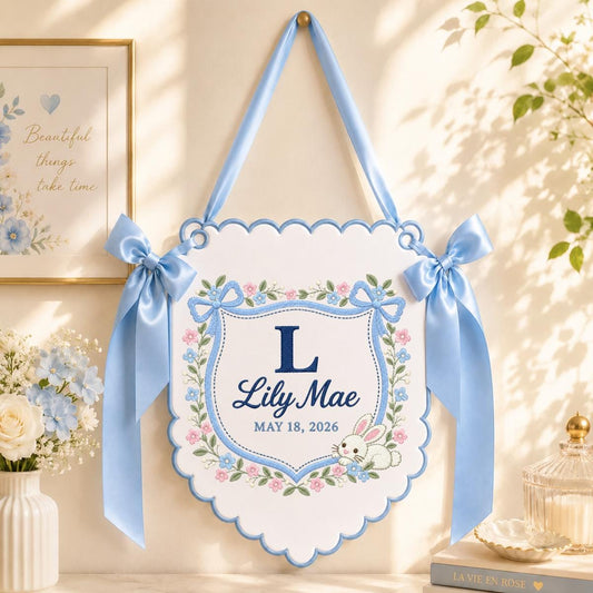 Personalized Baby Name Banner Lily Mae Floral Bunny Nursery Wall Decor Scalloped Bow Hanging Birth Announcement Baby Shower Keepsake Gift