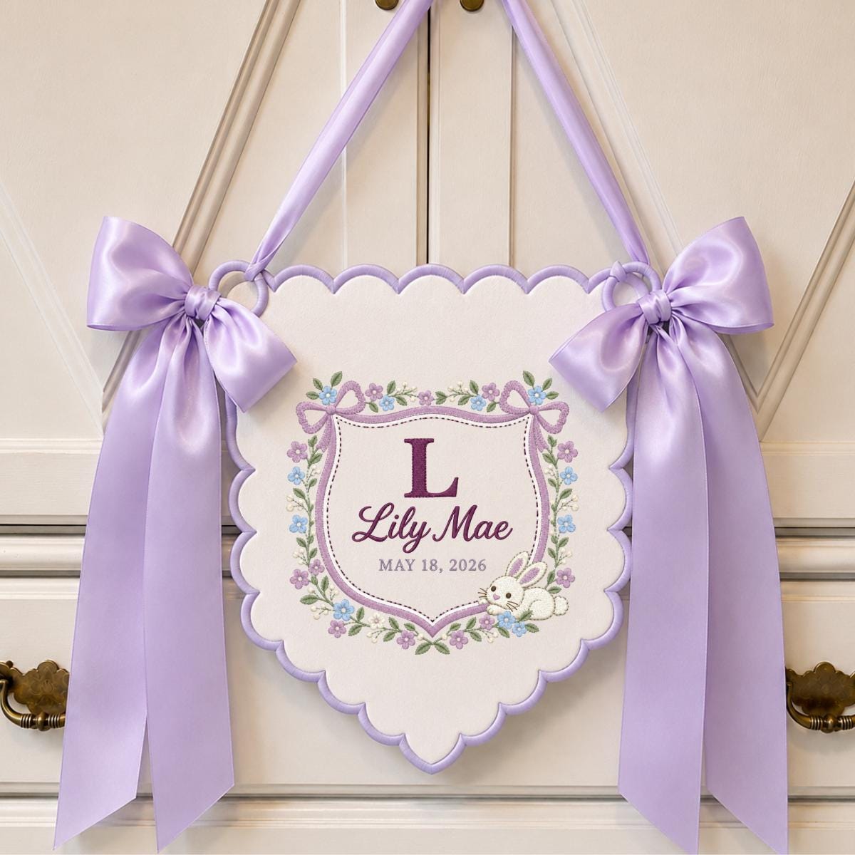 Personalized Baby Name Banner Lily Mae Floral Bunny Nursery Wall Decor Scalloped Bow Hanging Birth Announcement Baby Shower Keepsake Gift
