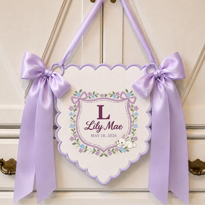 Personalized Baby Name Banner Lily Mae Floral Bunny Nursery Wall Decor Scalloped Bow Hanging Birth Announcement Baby Shower Keepsake Gift