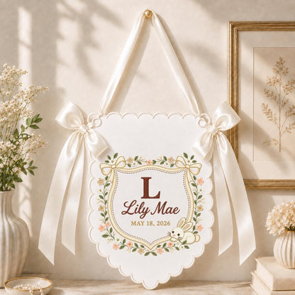 Personalized Baby Name Banner Lily Mae Floral Bunny Nursery Wall Decor Scalloped Bow Hanging Birth Announcement Baby Shower Keepsake Gift