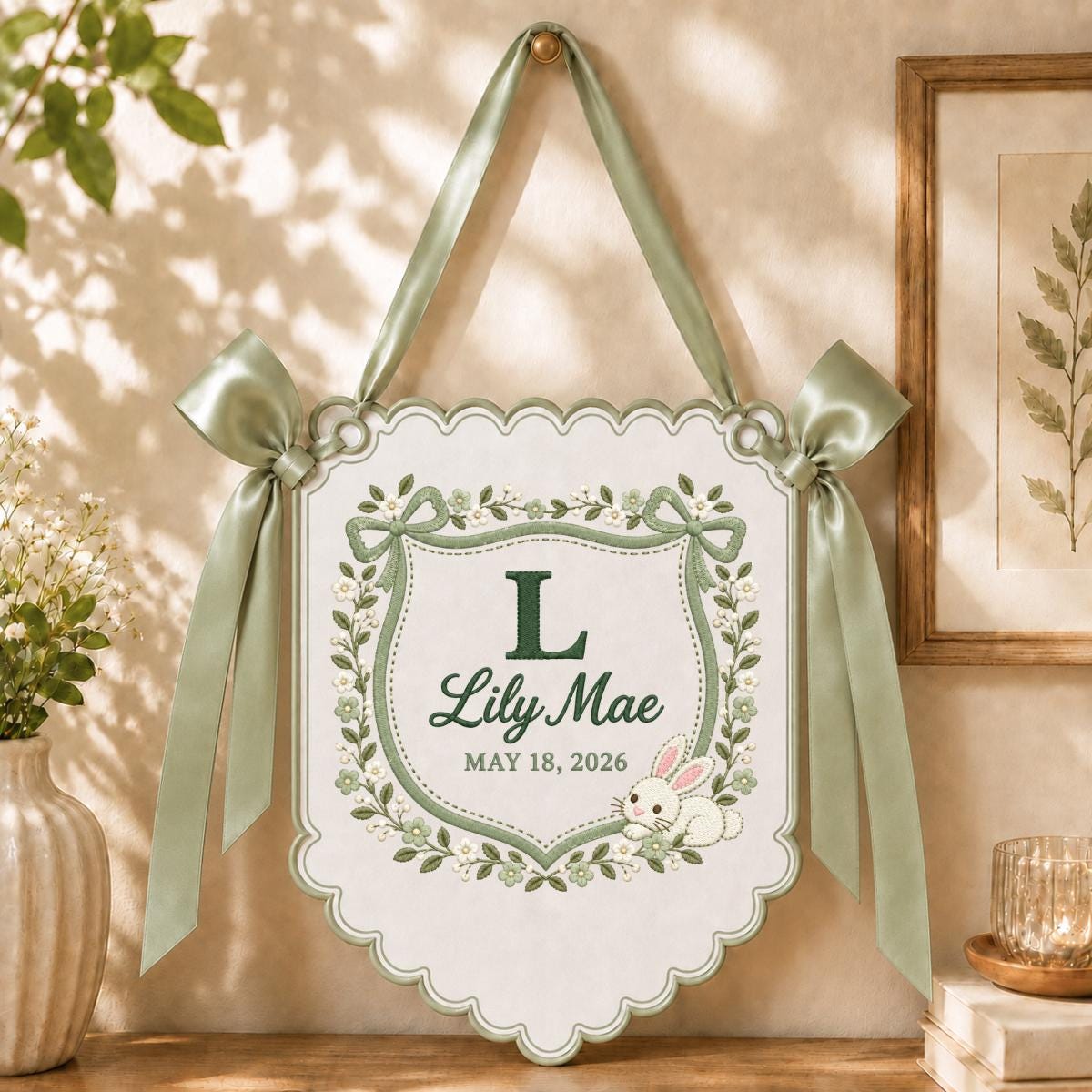 Personalized Baby Name Banner Lily Mae Floral Bunny Nursery Wall Decor Scalloped Bow Hanging Birth Announcement Baby Shower Keepsake Gift