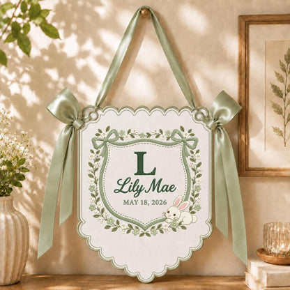 Personalized Baby Name Banner Lily Mae Floral Bunny Nursery Wall Decor Scalloped Bow Hanging Birth Announcement Baby Shower Keepsake Gift